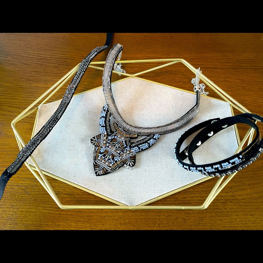 Stella & Dot black ribbon choker, black beaded wrap bracelet, and bead necklace